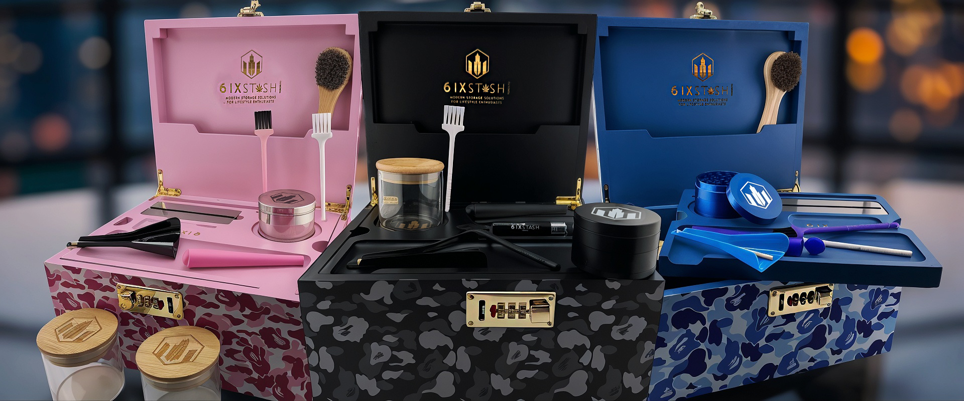 All three 6ixStash Pro Kits on display – Ocean, Eclipse, and Rose Editions closed and open, highlighting premium smell-proof stash boxes with 9 included accessories