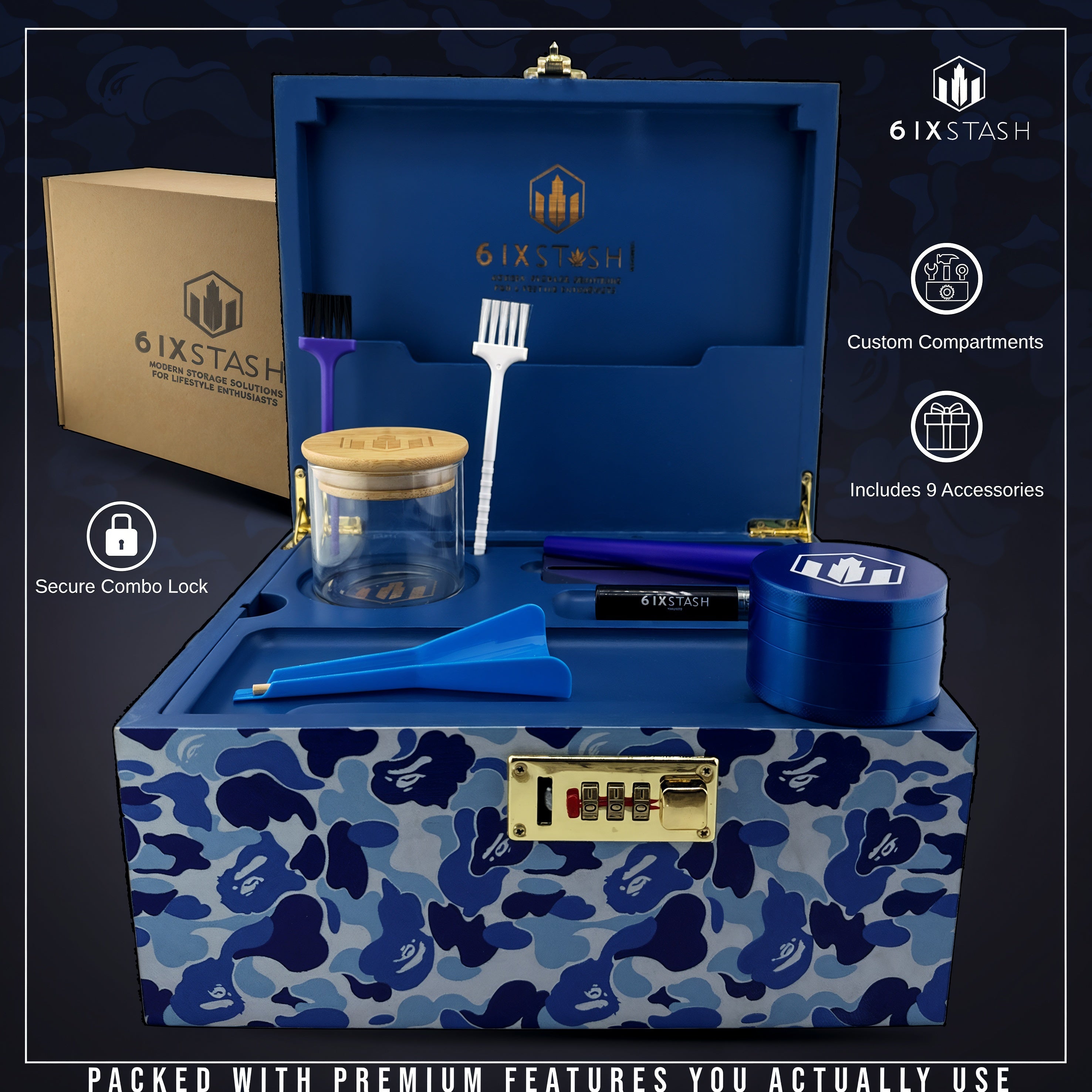 Blue camo stash box designed for herb storage with odor-proof containers