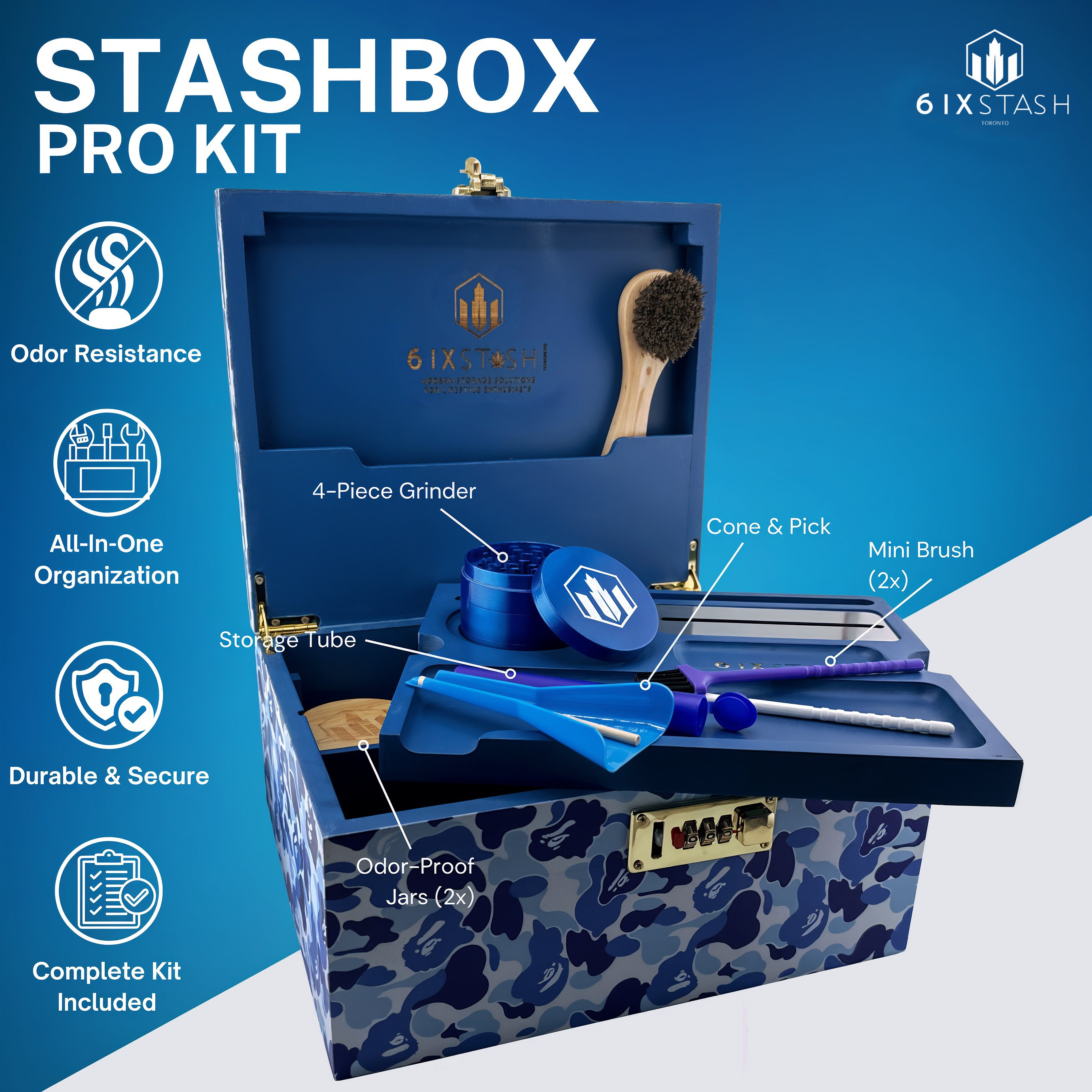 Full accessory kit included with Ocean Edition stash box – grinder, jars, brushes, and more