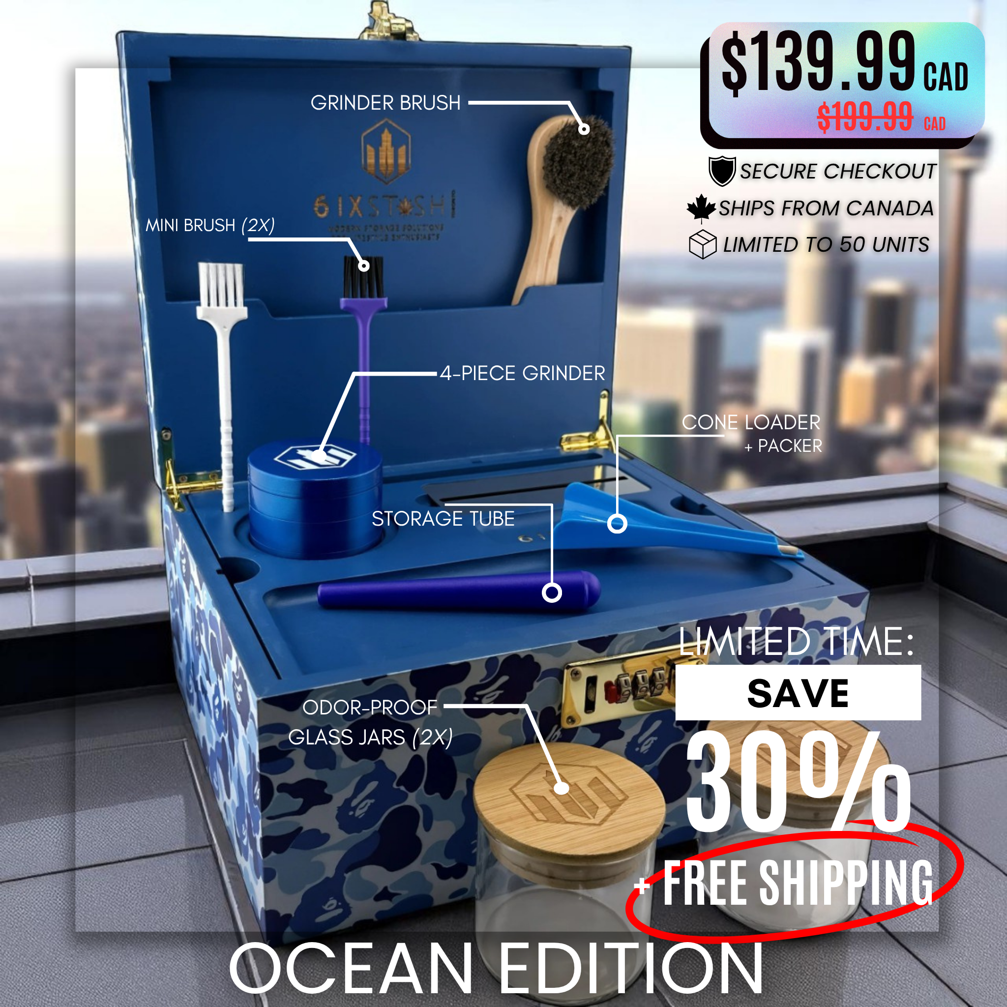 Ocean Edition Stash Box Pro Kit by 6ixStash – includes grinder, smell-proof jars, lockable tray, and 9 premium accessories in blue camo